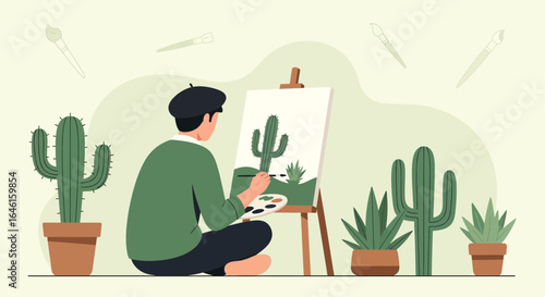 Man Painting Cactus on Canvas in a Creative and Artistic Environment with Plants