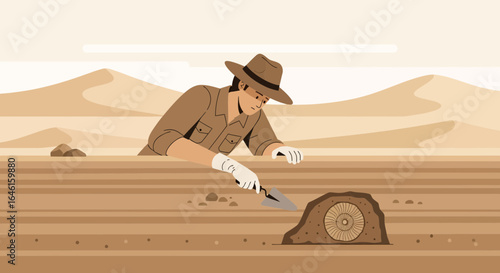 Paleontologist carefully excavating a fossil in the desert sand illustration
