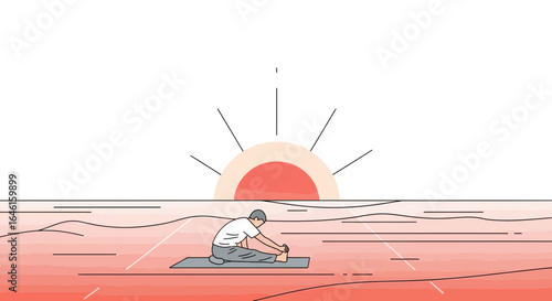 Man practicing yoga at sunset, promoting wellness, relaxation and healthy lifestyle. Illustration of peaceful meditative practice at sunrise