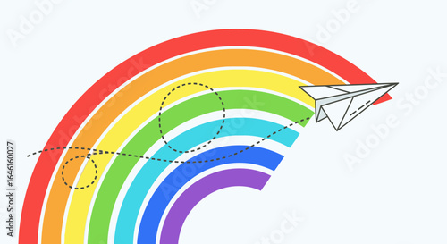 Paper Airplane Flying Through a Vibrant Rainbow Against a Clean White Background Depicting a colorful journey