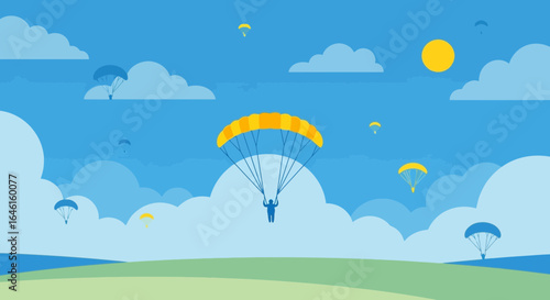 Paragliding Adventures Among Fluffy Clouds with a Sunny Day Backdrop