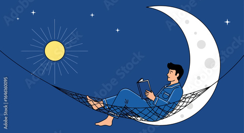 Man Relaxing In Hammock Underneath Moonlight With Book And Stars