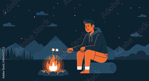 Man roasting marshmallows over campfire under a starry sky at night illustration