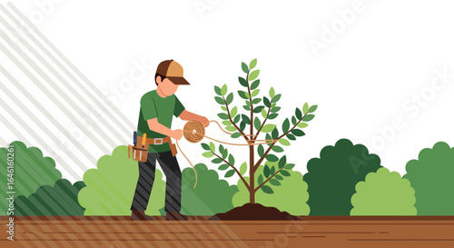 Man Securing Young Tree With Rope For Support In Eco-Friendly Environment