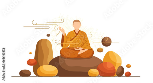 Peaceful Contemplation: A Meditating Monk Amidst Nature's Harmony and Serene Ambience