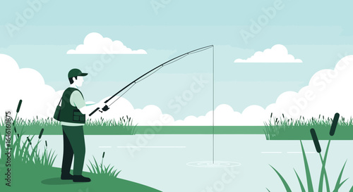Peaceful fishing scene of a man with rod and river landscape in relaxing nature
