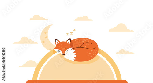 Peaceful Fox Sleeping On Hill Next To Crescent Moon In Dreamy Sky