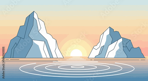 Minimalist Arctic Landscape: Icebergs Floating in Serene Waters at Sunset graphic