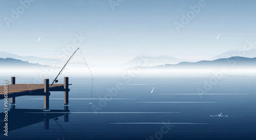 Peaceful lake scene with fishing rod on pier in morning mist illustration