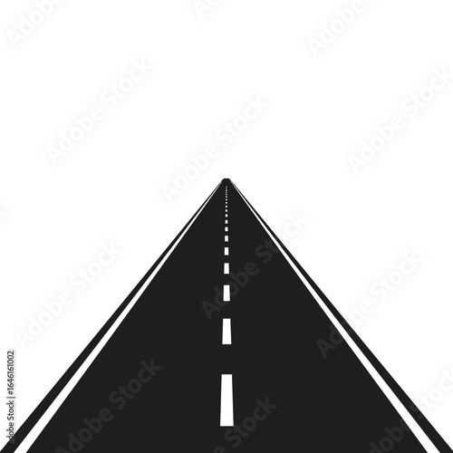 Perspective view of a black asphalt road with white lane markings stretching into the distance isolated on white background