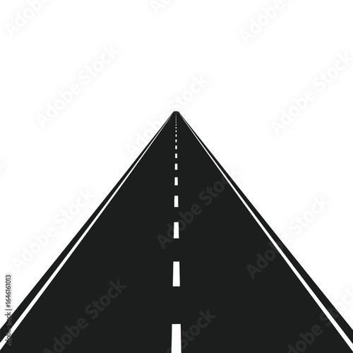 Perspective view of a black asphalt road with white lane markings stretching into the distance isolated on white background