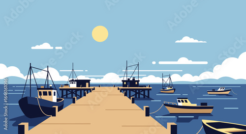 Peaceful Seascape With Fishing Boats And Pier At Sunny Day In The Harbor