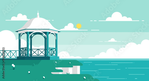 Peaceful Seascape With a Gazebo Under Sky in Flat Vector Illustration
