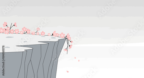 Minimalist Cliffside Scenery with Blooming Cherry Blossoms in Peaceful Illustration