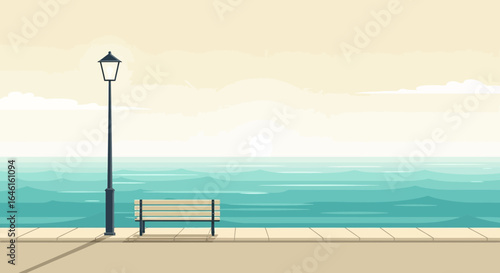 Peaceful seaside illustration with a bench and street light creating a tranquil scene