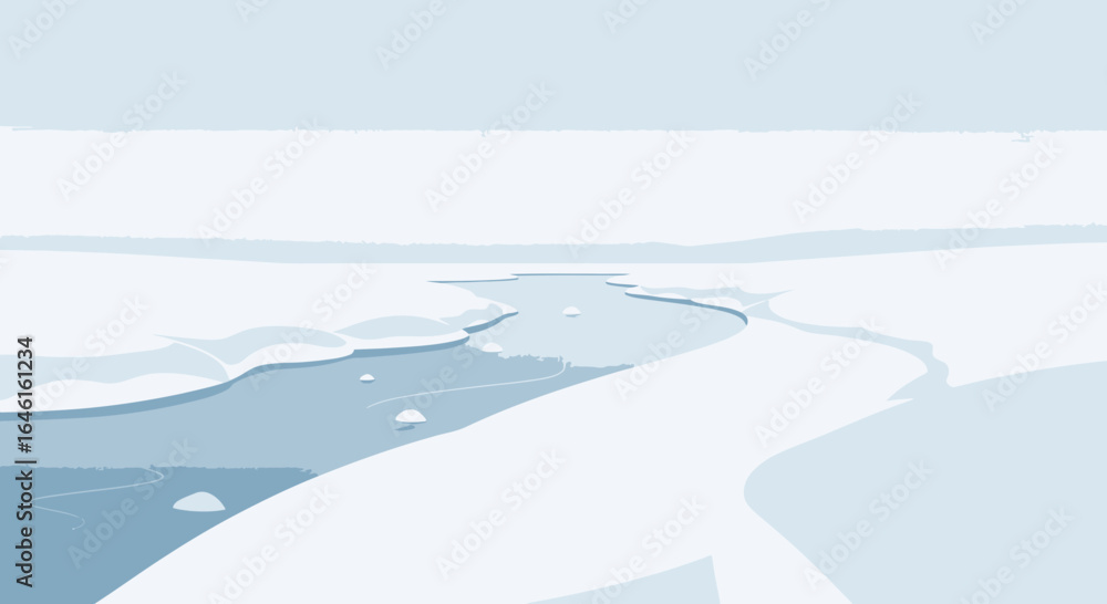Obraz premium Minimalist Ice Landscape With River Illustration With Blue And White Tones