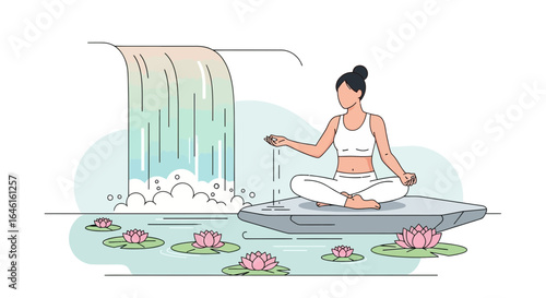 Peaceful Woman Meditating Near Waterfall with Lotus Flowers in Serene Environment