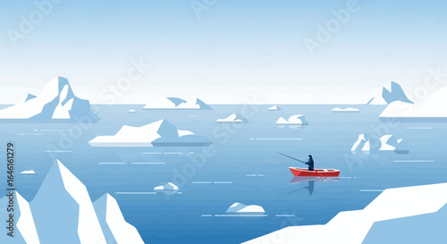 Minimalist Illustration of a Fisherman in Arctic Waters with Icebergs and Reflections