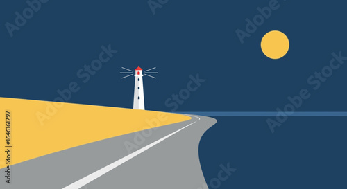 Minimalist illustration of a lighthouse at night with road and the moon above the sea