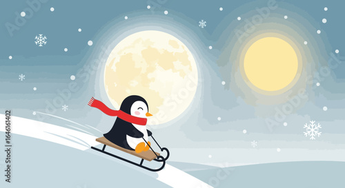 Penguin Sledding In Winter Landscape Under Moonlight And Snowflakes Illustration