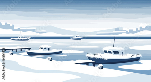 Minimalist illustration of boats frozen in icy waters during the winter season