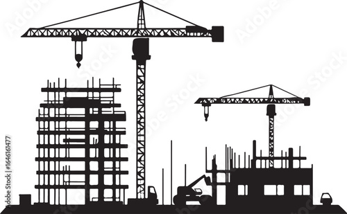Black silhouette of construction site with cranes and unfinished buildings industry