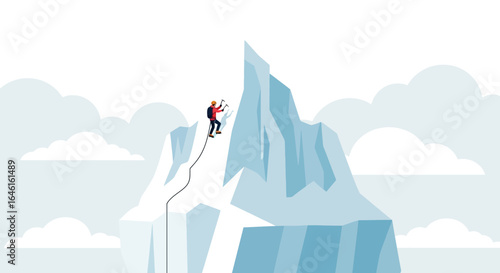 Person Climbing A Snowy Mountain Peak With An Ice Ax And Rope Illustration