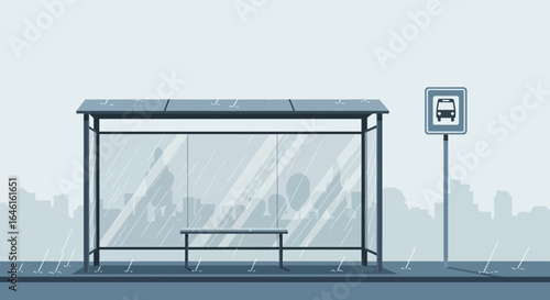 Minimalist Public Transport Shelter Illustration In Muted Blue Tones On Rainy Day
