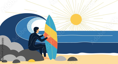 Minimalist surfer contemplating the ocean view under the summer sun with his board