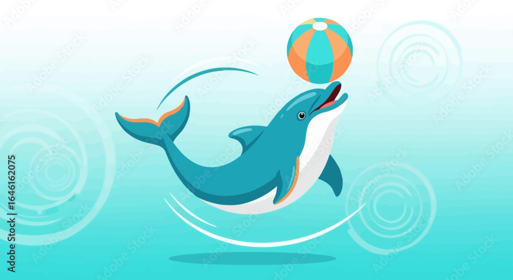 Fototapeta premium Playful Dolphin Balancing Ball, Ocean Aquatic Mammal Cartoon, Vector Illustration