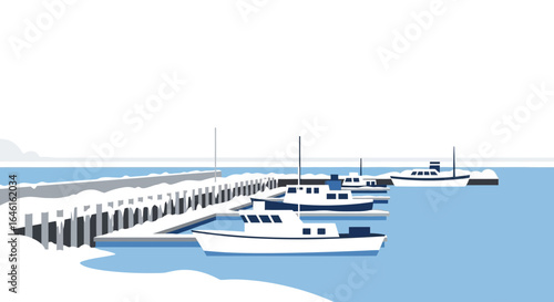 Minimalist winter harbor scene with boats at dock, snowy pier and icy sea