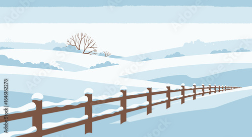 Minimalist winter landscape with snowy fields and a wooden fence in the foreground