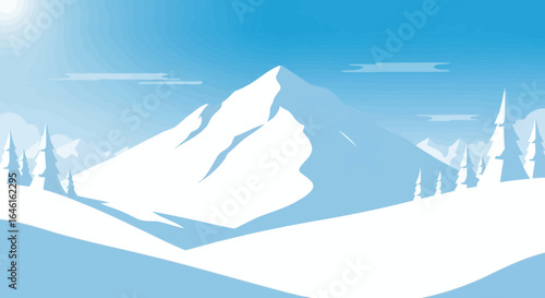 Minimalist Winter Landscape with Snowy Mountains and Pine Trees in Blue Tones