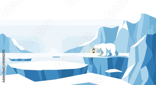 Polar bear with lantern navigates the icy Arctic landscape in search of home