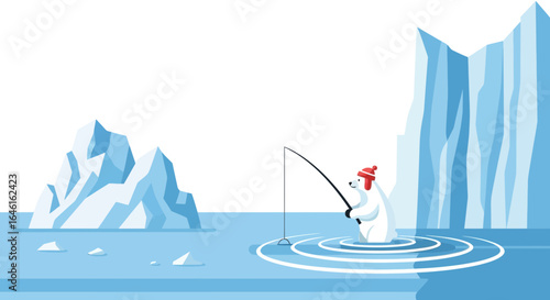 Polar Bear Fishing on the Iceberg in Winter With a Hat and Fishing Rod