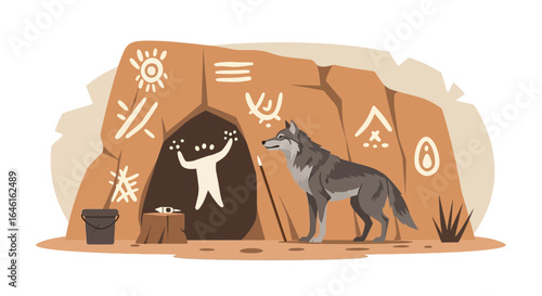 Prehistoric Cave Painting Scene with Wolf and Ancient Markings Depicting Early Human Life