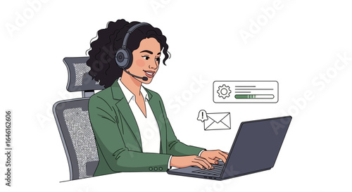 Professional woman with headset using laptop for online work communication and tasks