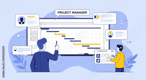 Project Management Illustration with Timeline Chart and Team Collaboration Concept
