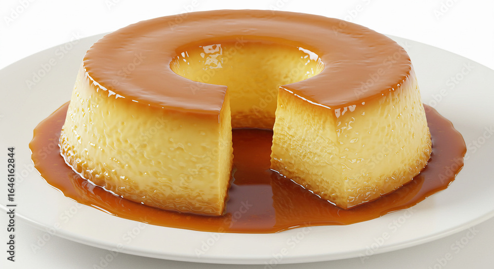 Brazilian caramel flan on white background. Brazilian caramel flan on white background.