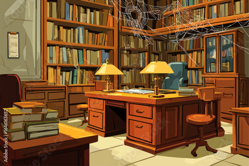 Vintage Library Interior with Dusty Books and Spooky Spiderwebs