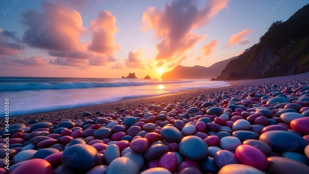 Fototapeta premium Colorful Pebbles on Beach at Sunset with Shimmering Ocean and Vibrant Sky - Serene Coastal Scenery for Relaxation and Nature Lovers