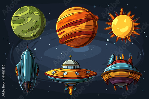 Colorful Cartoon Planets and Spaceships Illustration for Kids