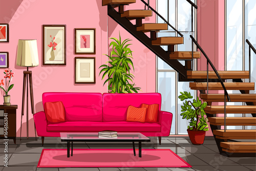 Stylish Modern Living Room with Pink Sofa and Staircase
