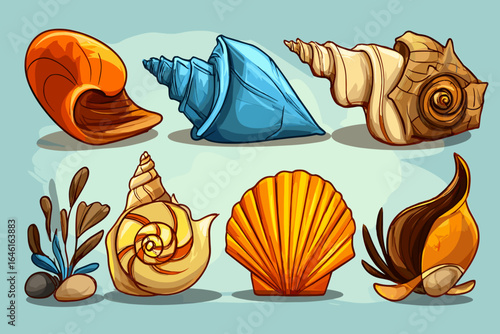 Colorful Collection of Cartoon-Style Seashells and Marine Flora