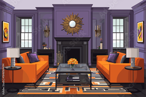 Stylish Living Room Interior with Purple Walls and Orange Sofas