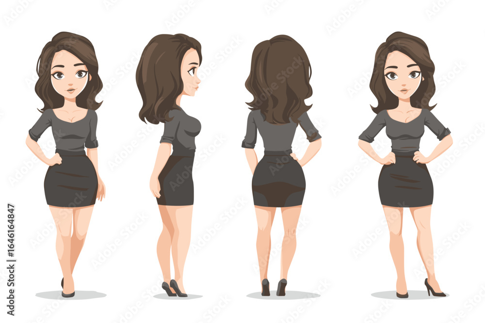 Fototapeta premium Stylish Young Woman Character in Various Poses - Vector Illustration