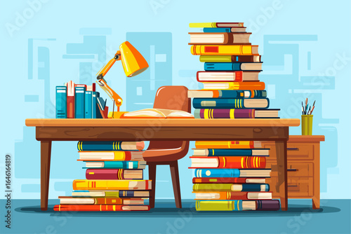 Cozy Home Office Desk with a Stack of Colorful Books and Reading Lamp