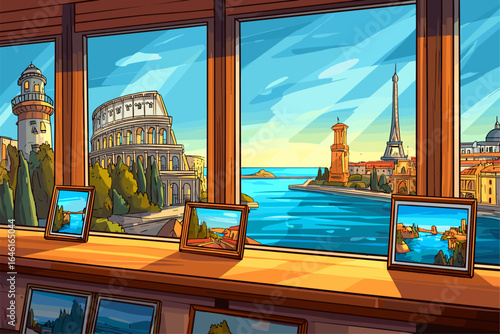 Scenic Window View with Iconic Landmarks and Art Gallery Elements