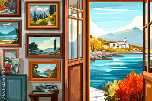 Beautiful View Through Open Door with Scenic Landscape and Art Gallery