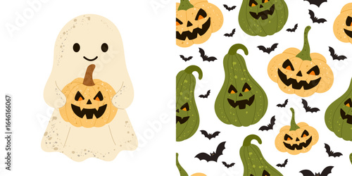 Halloween ghost and pumpkin pattern set featuring a cute smiling ghost holding a carved jack-o’-lantern, seamless background with green and orange gourds, spooky bats, and grinning pumpkin faces